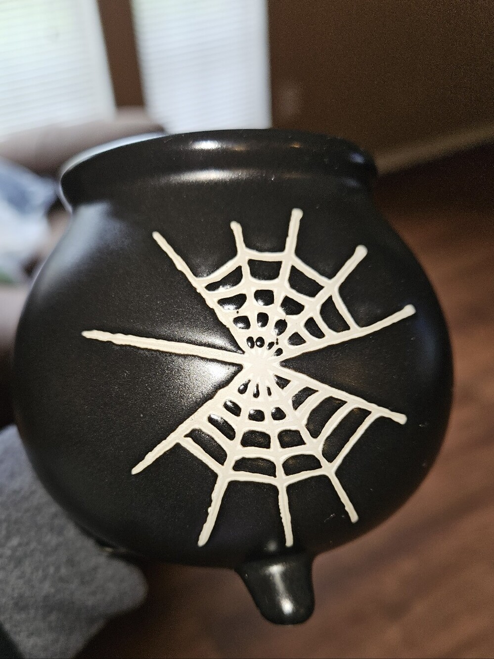 Holloween Black Ceramic Cauldron Mug with White Spiderweb Accent